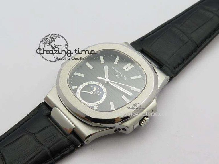 Nautilus Moonphase SS Black Dial On Black Leather Strap MIYOTA 9015 PP324CS