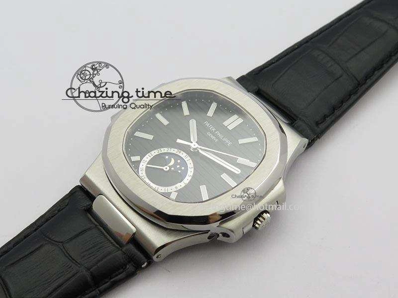 Nautilus Moonphase SS Black Dial On Black Leather Strap MIYOTA 9015 PP324CS