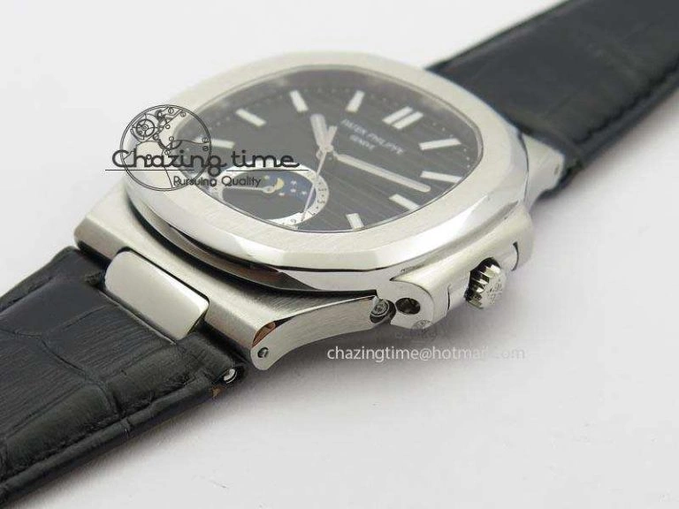 Nautilus Moonphase SS Black Dial On Black Leather Strap MIYOTA 9015 PP324CS