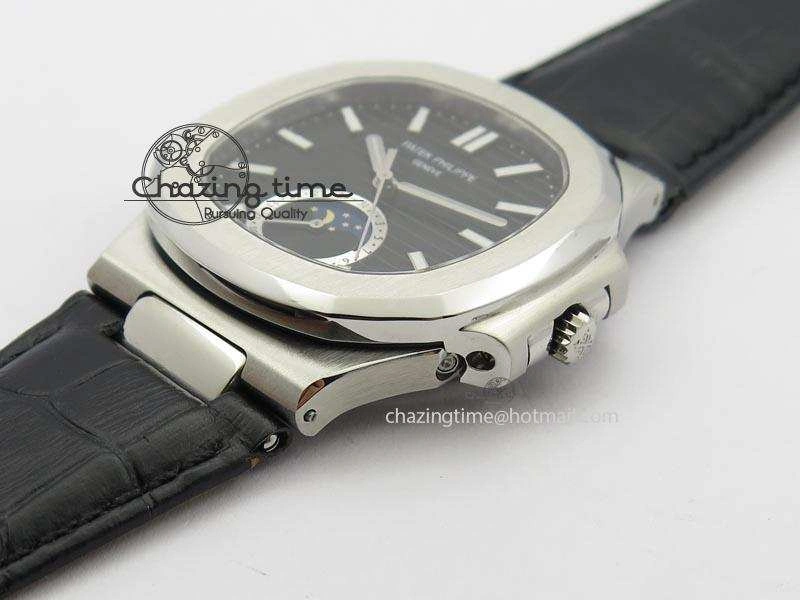 Nautilus Moonphase SS Black Dial On Black Leather Strap MIYOTA 9015 PP324CS