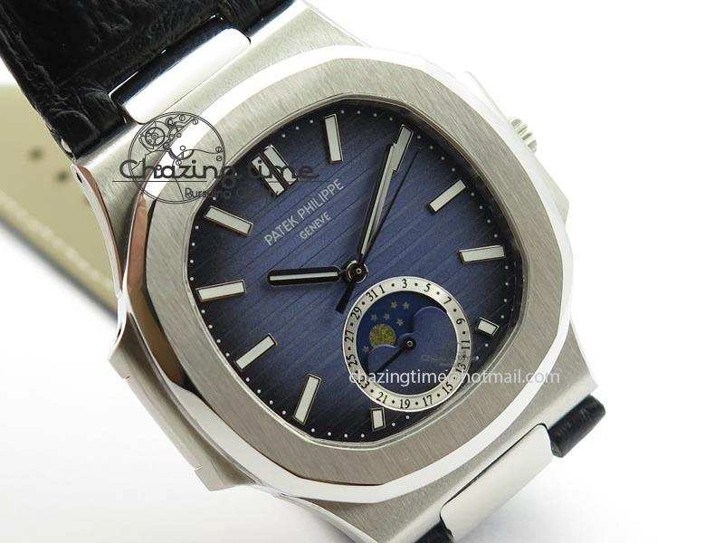 Nautilus Moonphase SS Blue Dial On Black Leather Strap MIYOTA 9015 PP324CS
