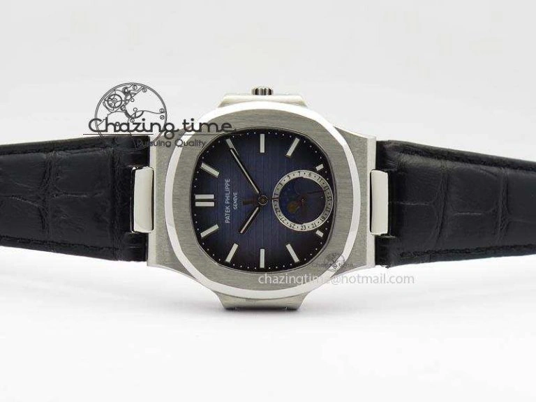 Nautilus Moonphase SS Blue Dial On Black Leather Strap MIYOTA 9015 PP324CS