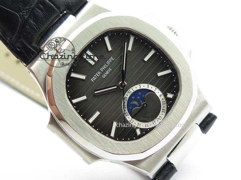 Nautilus Moonphase SS Gray Dial On Black Leather Strap MIYOTA 9015 PP324CS