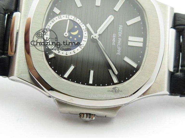 Nautilus Moonphase SS Gray Dial On Black Leather Strap MIYOTA 9015 PP324CS