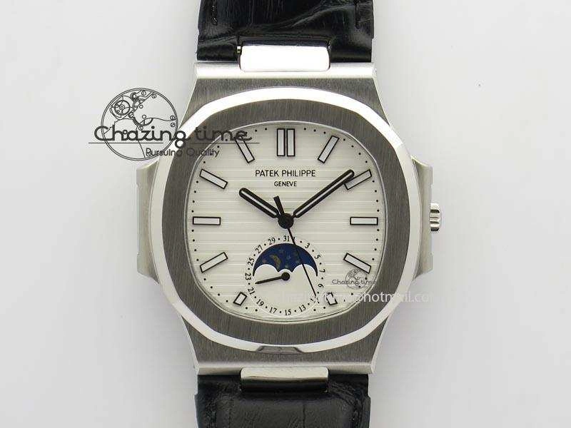Nautilus Moonphase SS White Dial On Black Leather Strap MIYOTA 9015 PP324CS