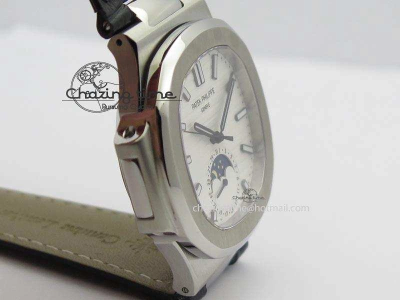 Nautilus Moonphase SS White Dial On Black Leather Strap MIYOTA 9015 PP324CS