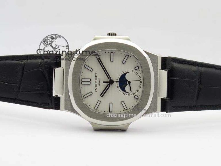 Nautilus Moonphase SS White Dial On Black Leather Strap MIYOTA 9015 PP324CS