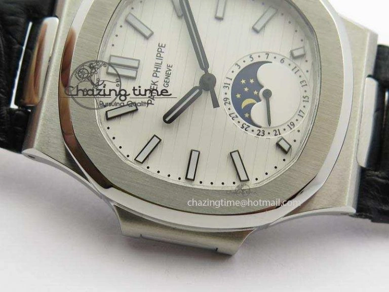 Nautilus Moonphase SS White Dial On Black Leather Strap MIYOTA 9015 PP324CS