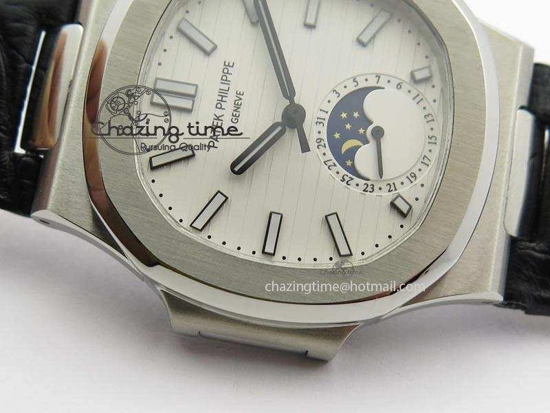 Nautilus Moonphase SS White Dial On Black Leather Strap MIYOTA 9015 PP324CS
