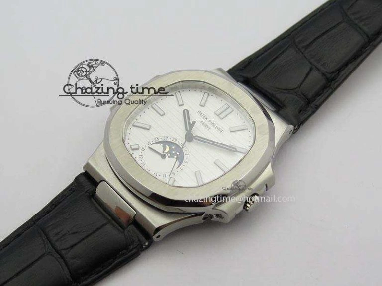 Nautilus Moonphase SS White Dial On Black Leather Strap MIYOTA 9015 PP324CS