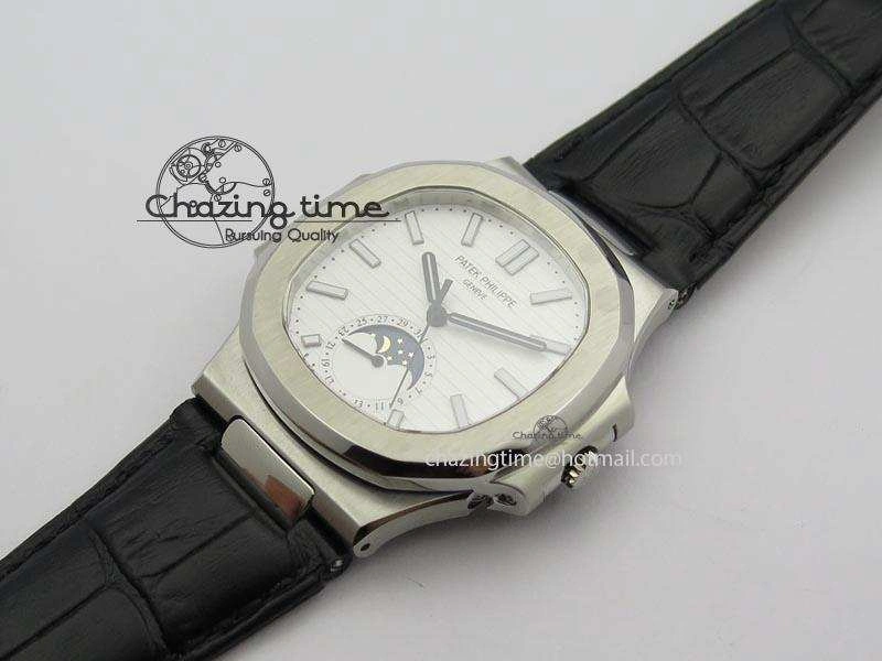 Nautilus Moonphase SS White Dial On Black Leather Strap MIYOTA 9015 PP324CS