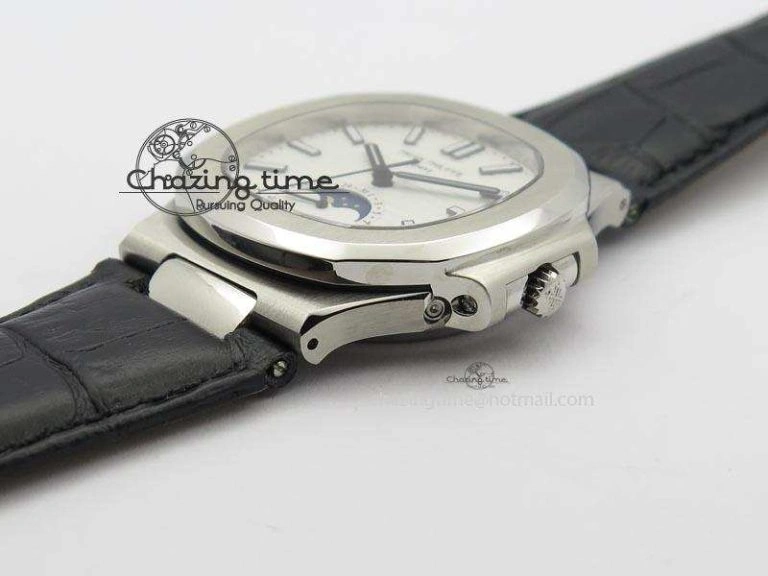 Nautilus Moonphase SS White Dial On Black Leather Strap MIYOTA 9015 PP324CS