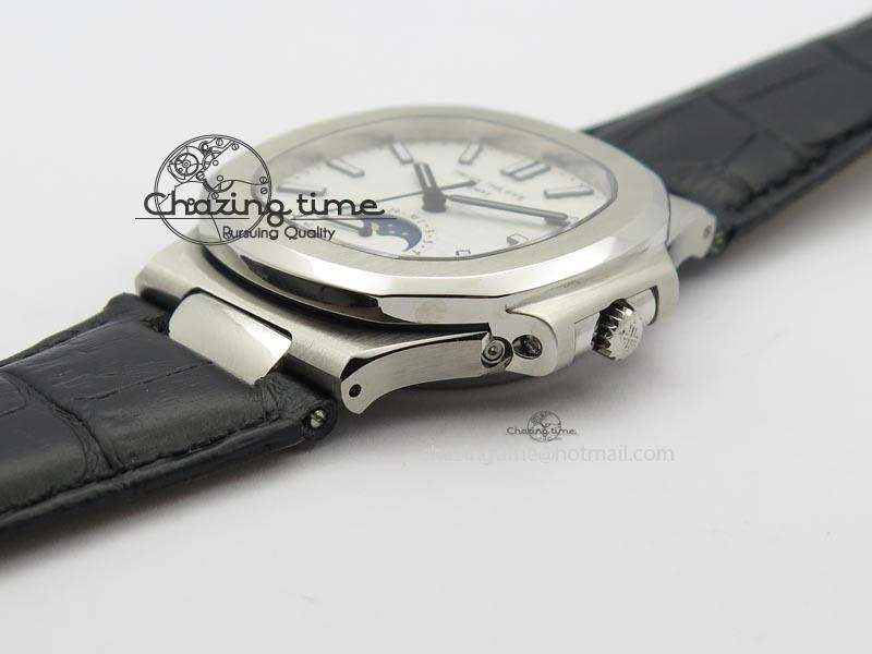 Nautilus Moonphase SS White Dial On Black Leather Strap MIYOTA 9015 PP324CS