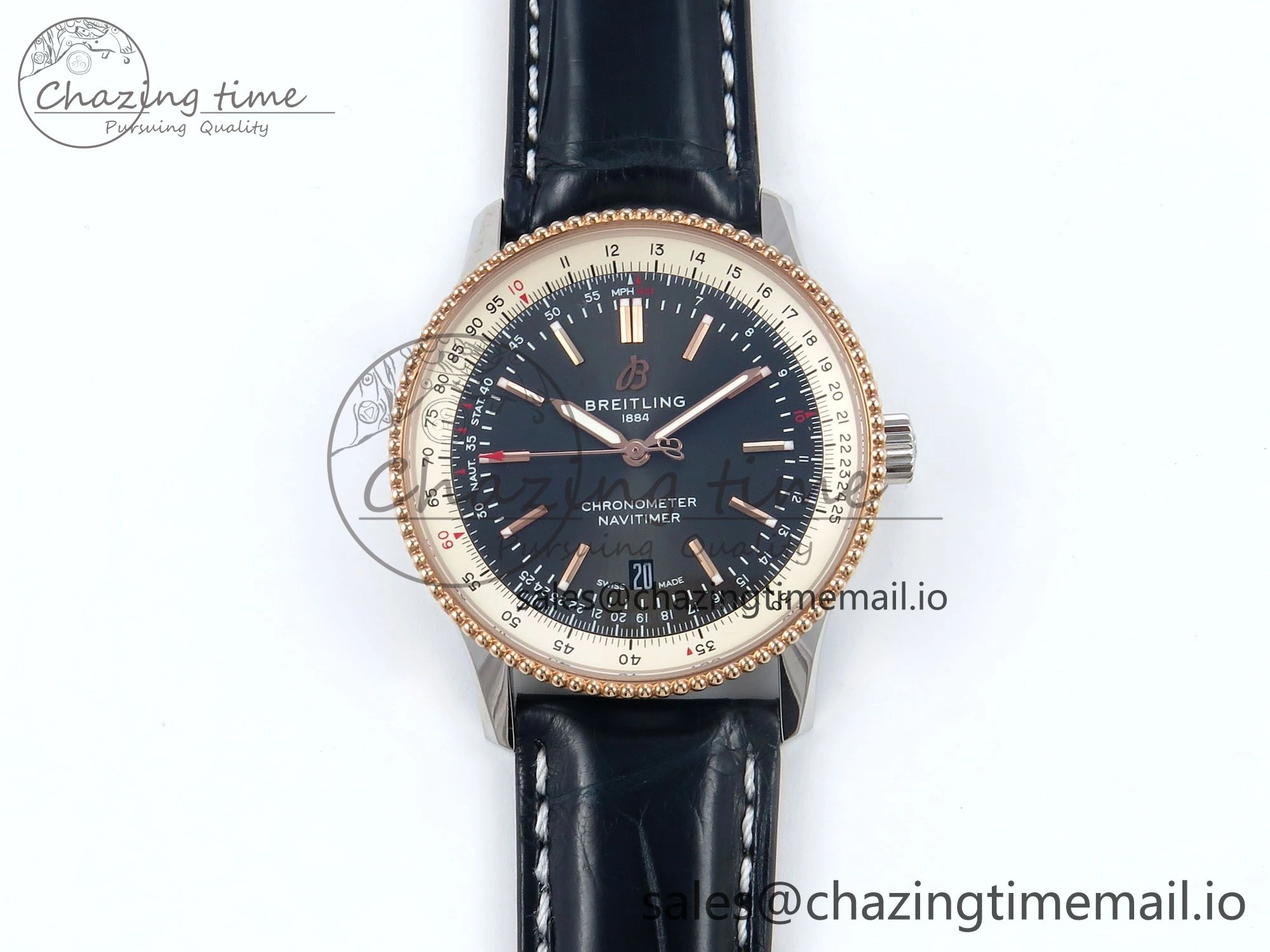 Navitimer 1 RG SS 41mm TF 1:1 Best Edition White Bezel Gray Dial on Blue Leather Strap A2824