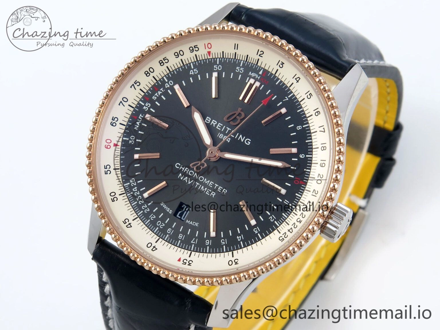 Navitimer 1 RG SS 41mm TF 1:1 Best Edition White Bezel Gray Dial on Blue Leather Strap A2824