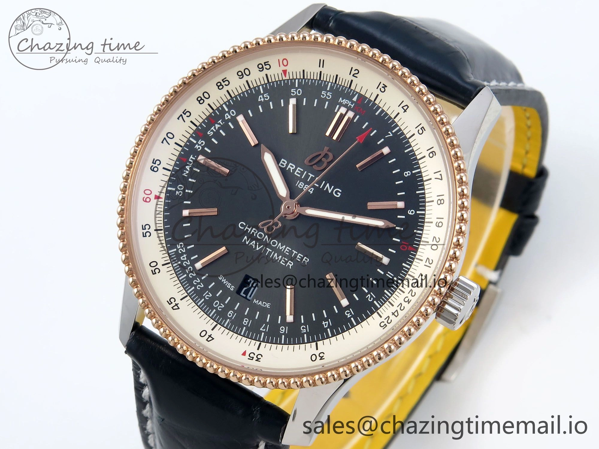 Navitimer 1 RG SS 41mm TF 1:1 Best Edition White Bezel Gray Dial on Blue Leather Strap A2824