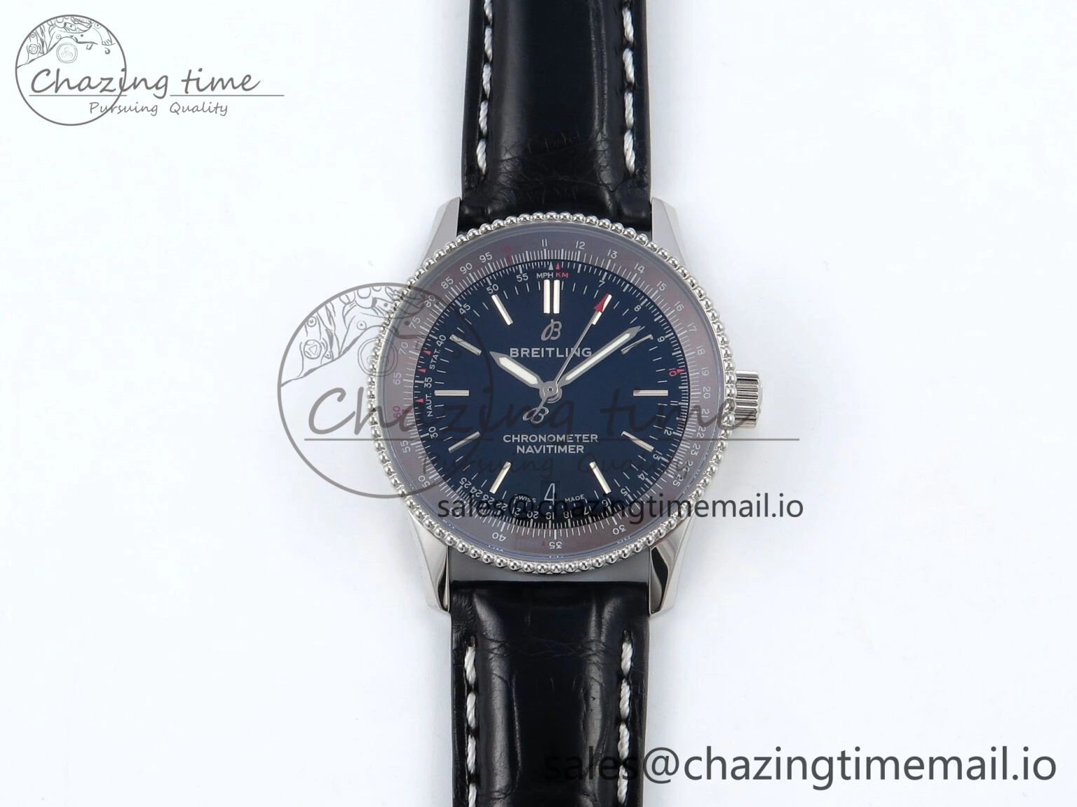 Navitimer 1 SS 38mm TF 1:1 Best Edition Black Bezel Blue Dial on Black Leather Strap A2824