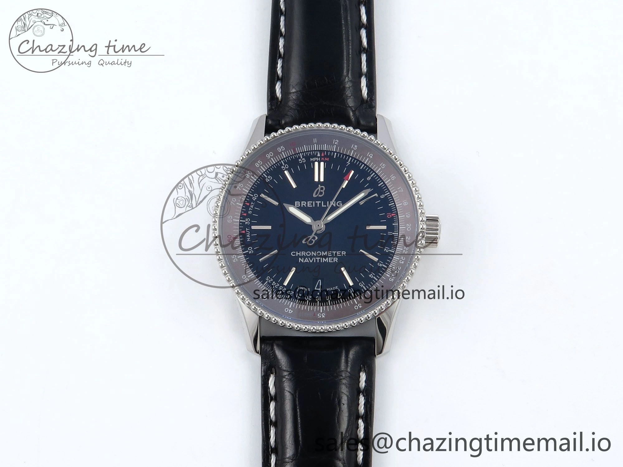 Navitimer 1 SS 38mm TF 1:1 Best Edition Black Bezel Blue Dial on Black Leather Strap A2824