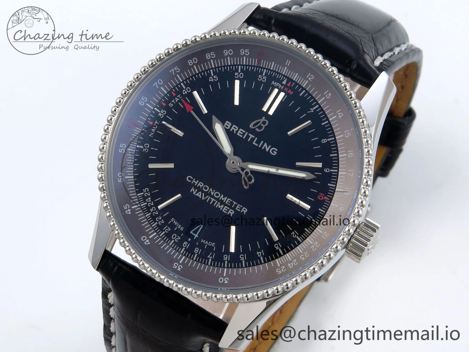 Navitimer 1 SS 38mm TF 1:1 Best Edition Black Bezel Blue Dial on Black Leather Strap A2824