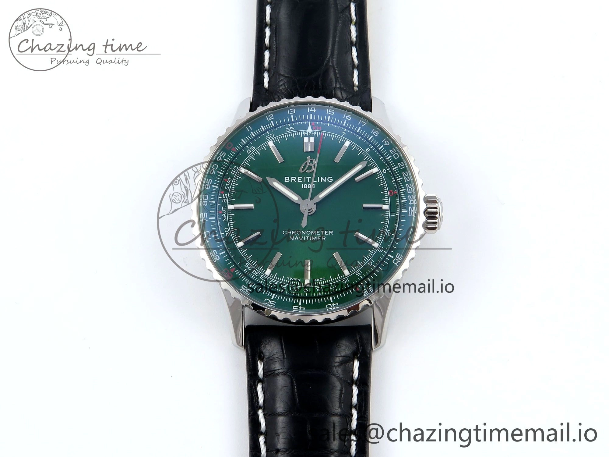 Navitimer 1 SS 41mm TF 1:1 Best Edition Green Bezel Green Dial on Black Leather Strap A2824