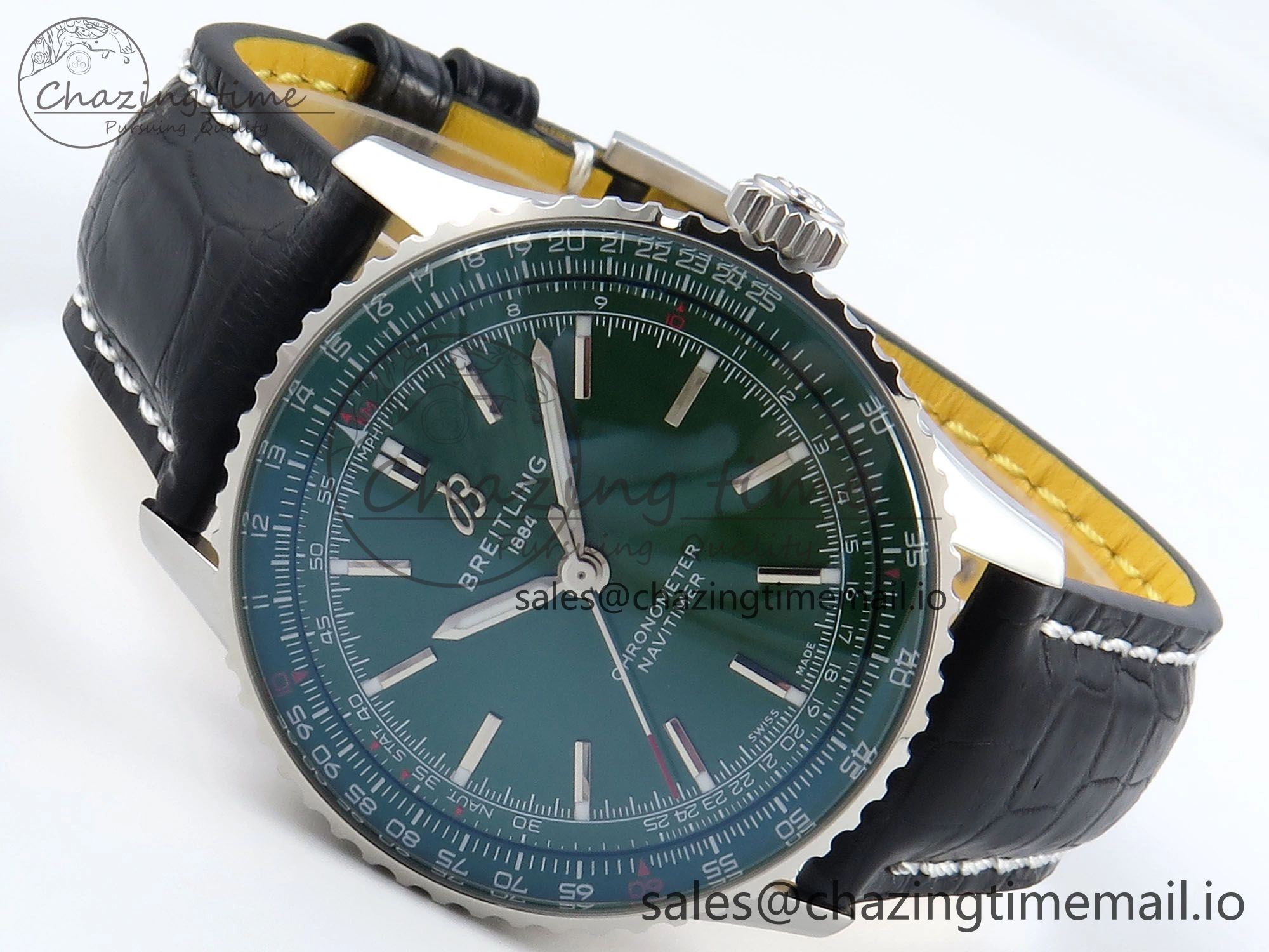 Navitimer 1 SS 41mm TF 1:1 Best Edition Green Bezel Green Dial on Black Leather Strap A2824