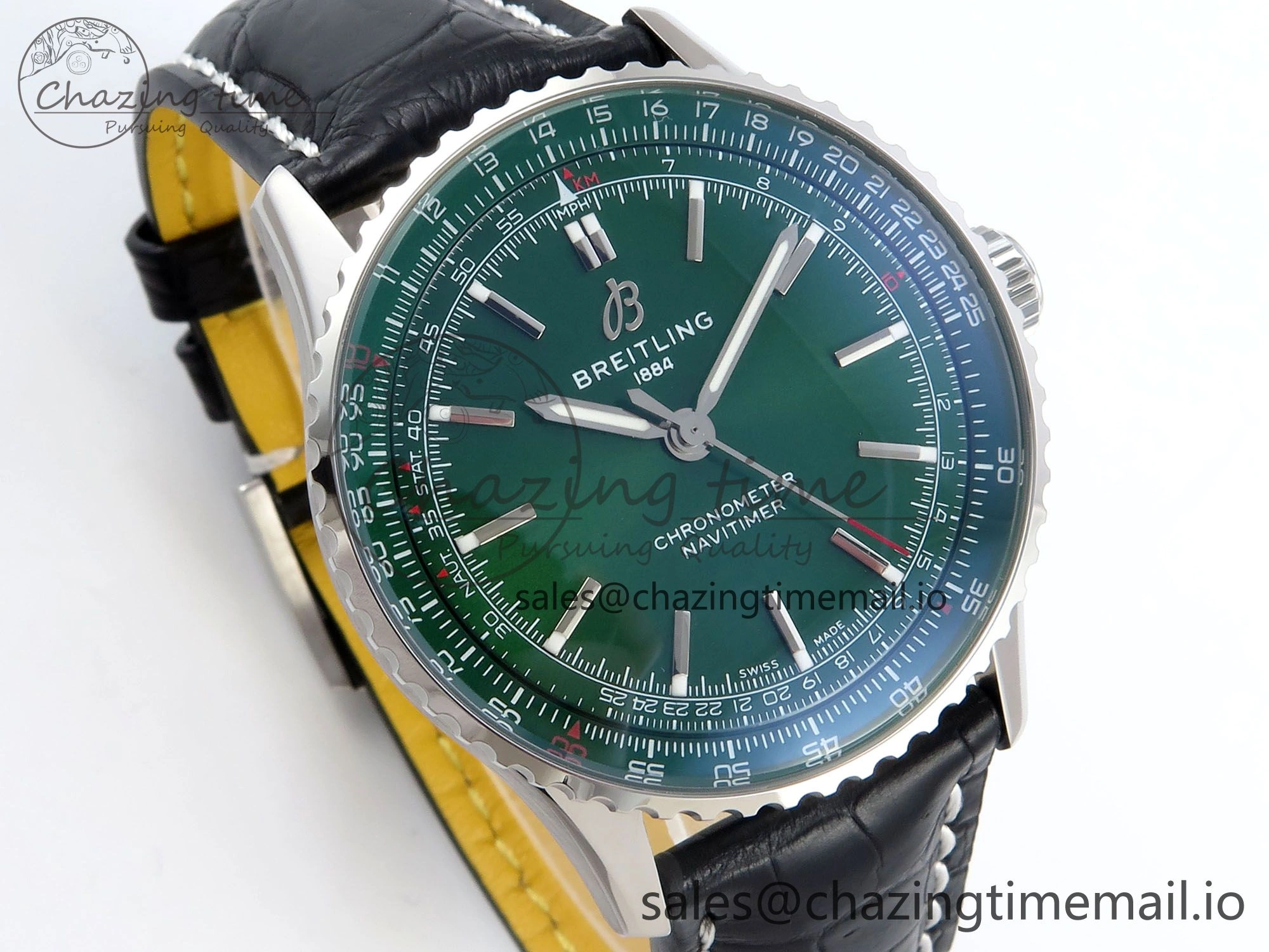 Navitimer 1 SS 41mm TF 1:1 Best Edition Green Bezel Green Dial on Black Leather Strap A2824