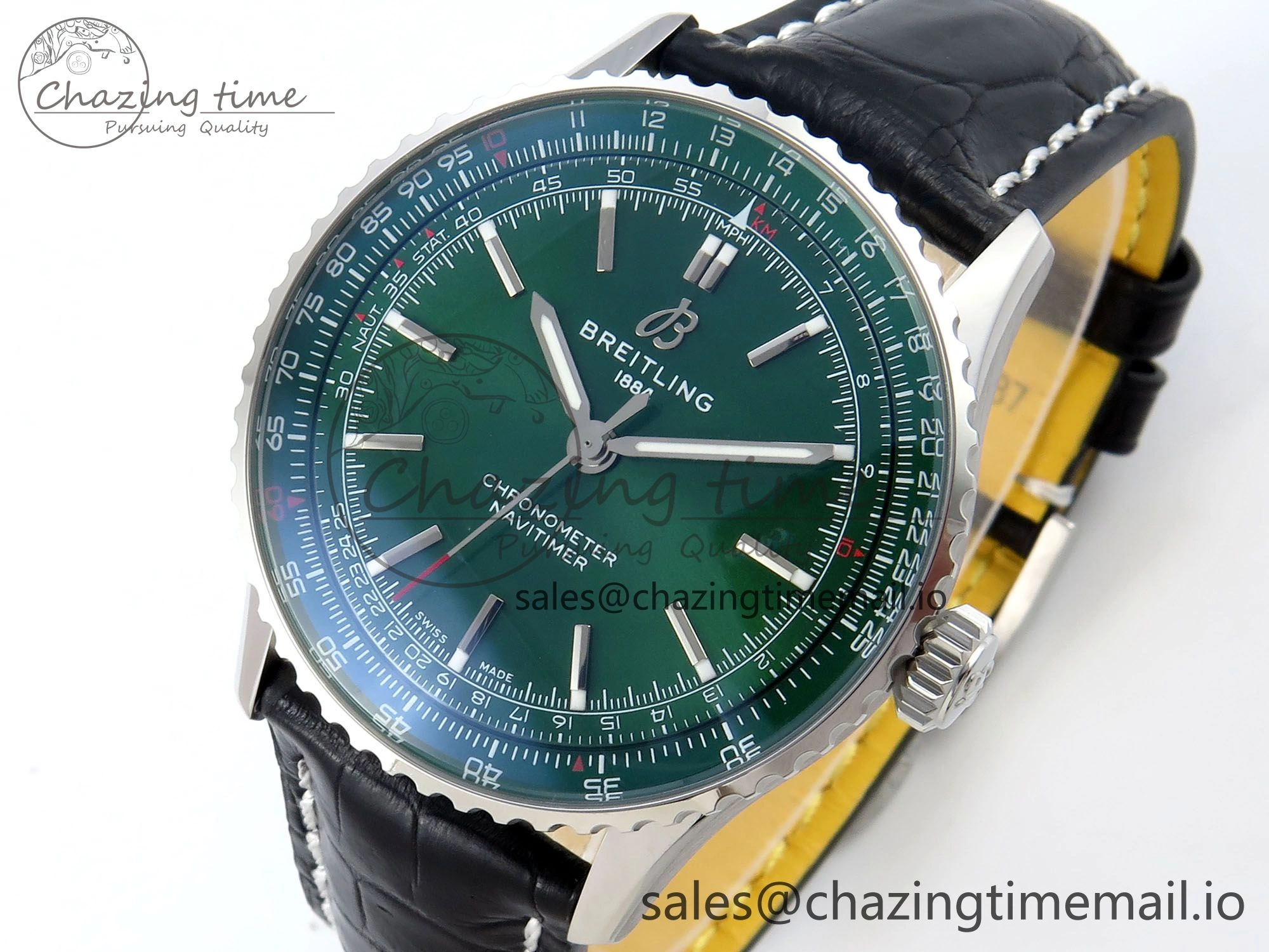 Navitimer 1 SS 41mm TF 1:1 Best Edition Green Bezel Green Dial on Black Leather Strap A2824