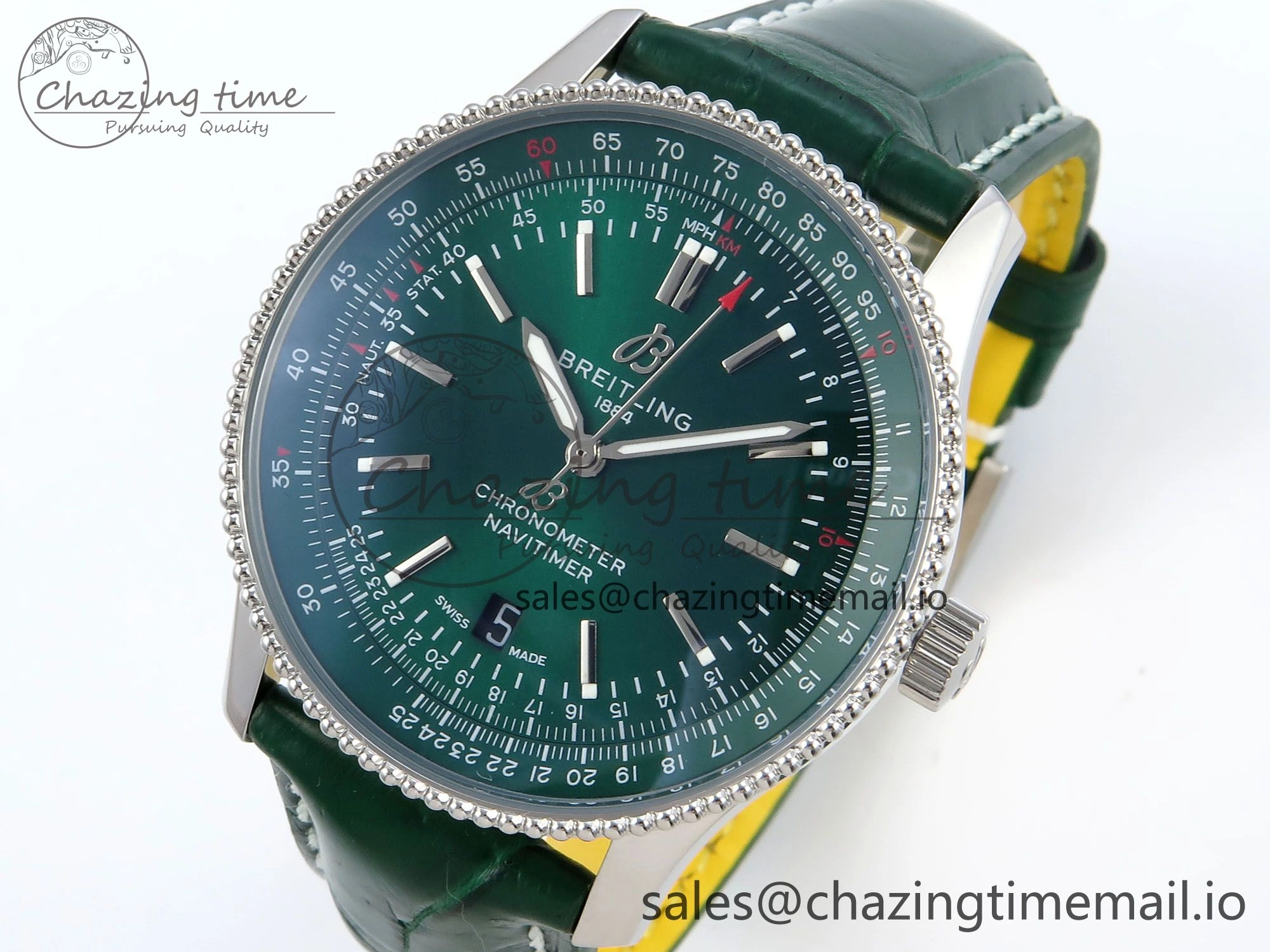 Navitimer 1 SS 41mm TF 1:1 Best Edition Green Bezel Green Dial on Green Leather Strap A2824