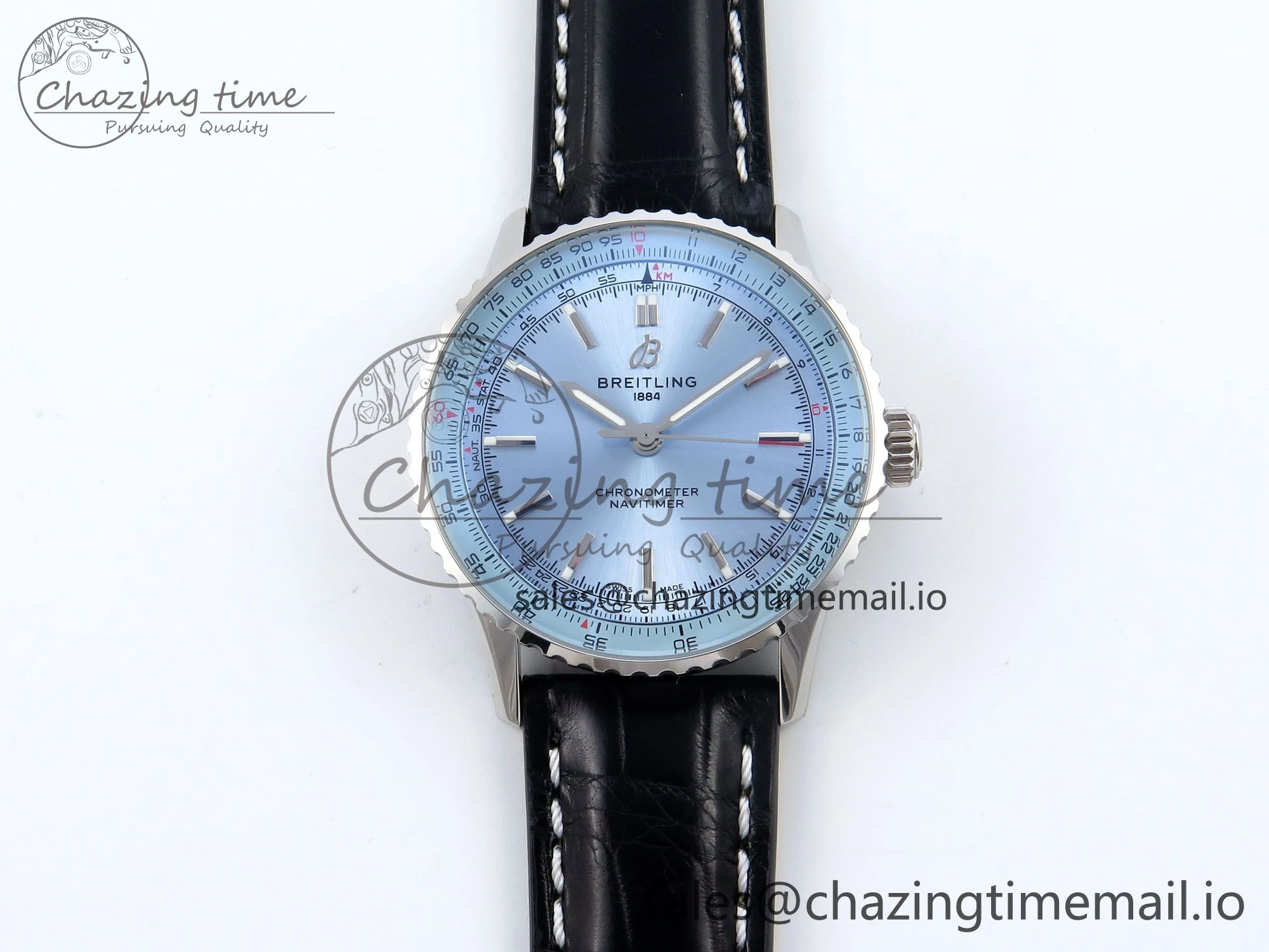 Navitimer 1 SS 41mm TF 1:1 Best Edition Ice Blue Bezel Ice Blue Dial on Black Leather Strap A2824