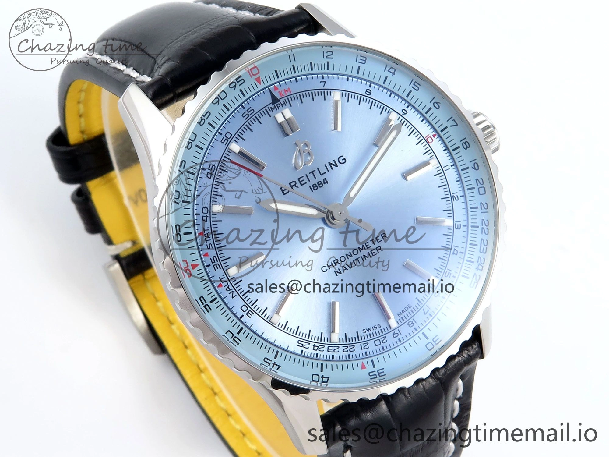 Navitimer 1 SS 41mm TF 1:1 Best Edition Ice Blue Bezel Ice Blue Dial on Black Leather Strap A2824