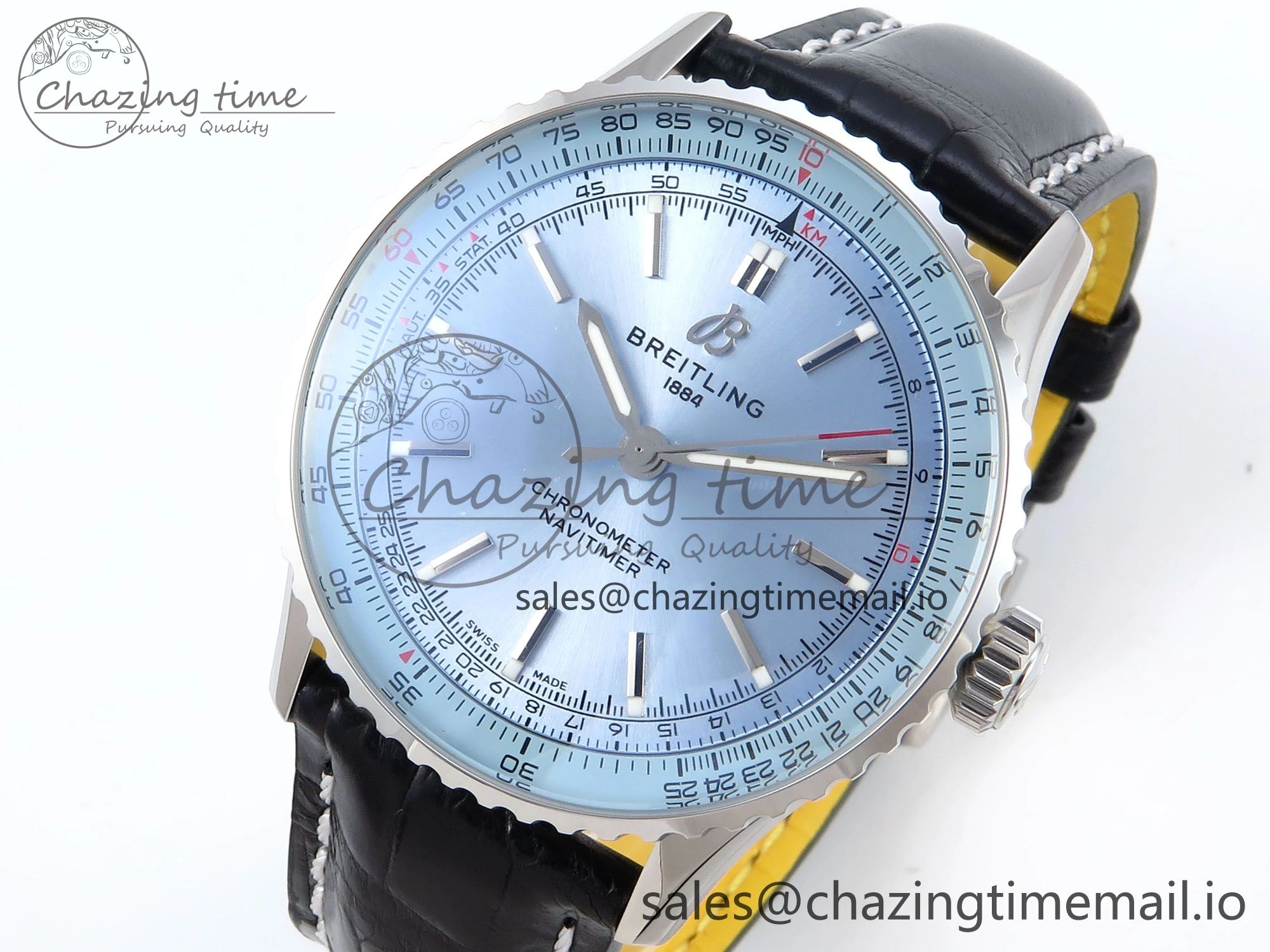 Navitimer 1 SS 41mm TF 1:1 Best Edition Ice Blue Bezel Ice Blue Dial on Black Leather Strap A2824