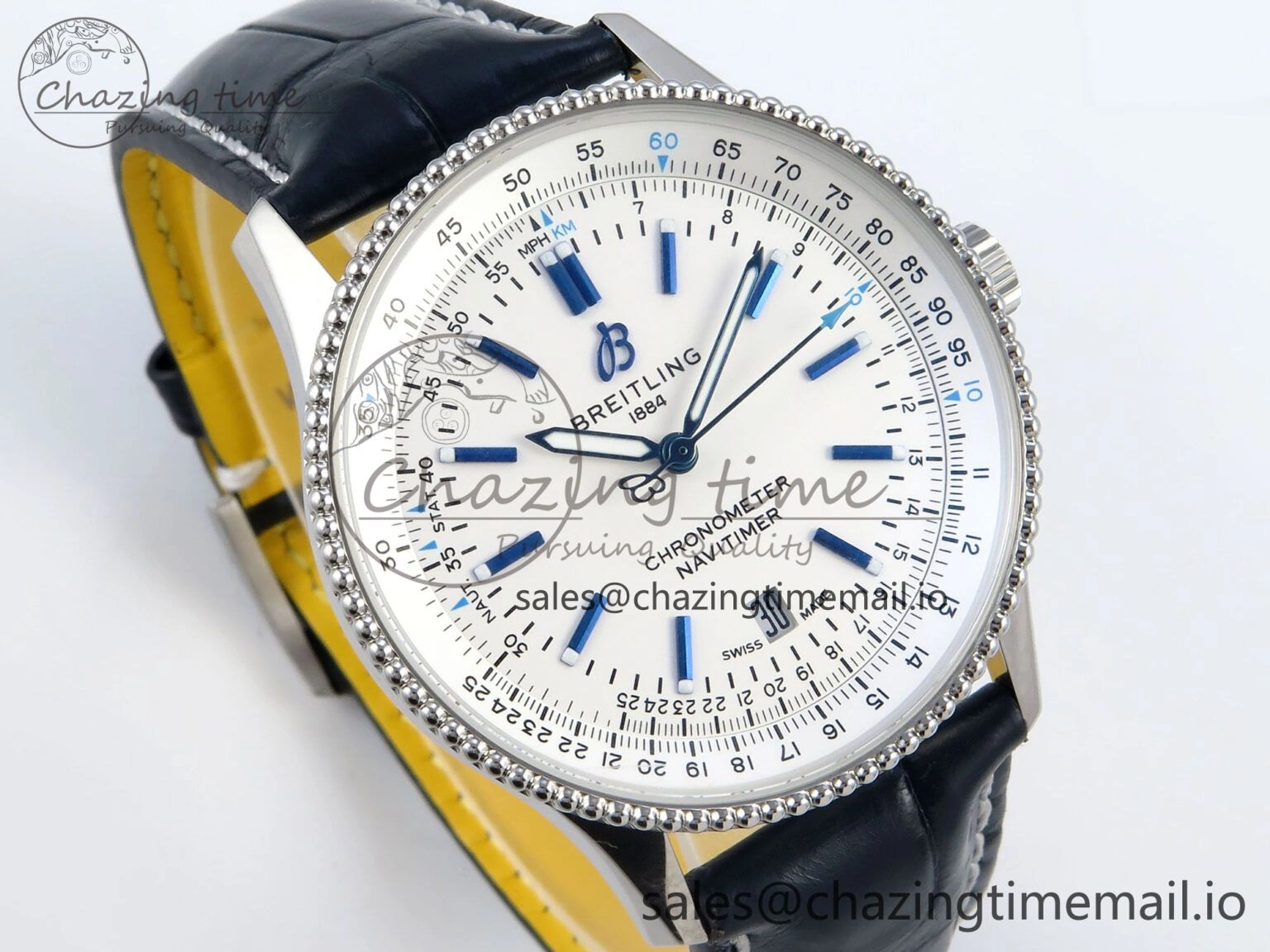 Navitimer 1 SS 41mm TF 1:1 Best Edition White Bezel White Dial on Blue Leather Strap A2824