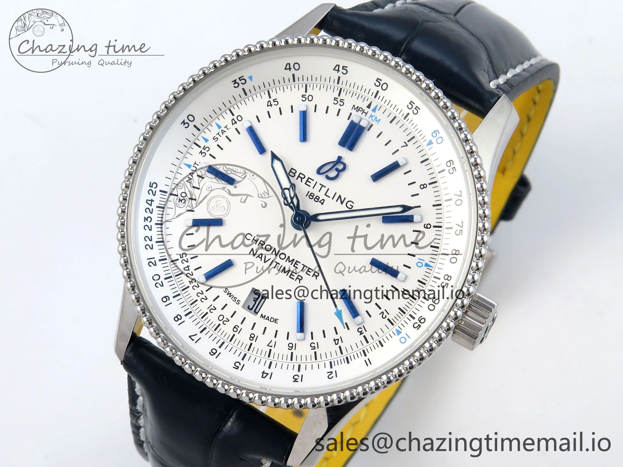 Navitimer 1 SS 41mm TF 1:1 Best Edition White Bezel White Dial on Blue Leather Strap A2824