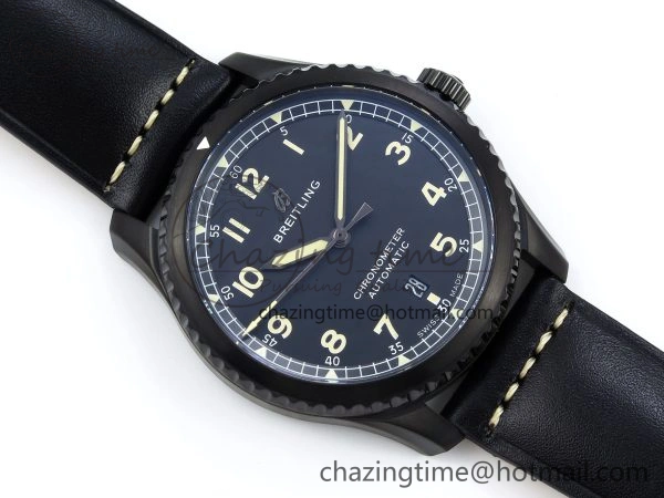 Navitimer 8 Automatic 41mm PVD TF 1:1 Best Edition Black Dial on Black Leather Strap A2824