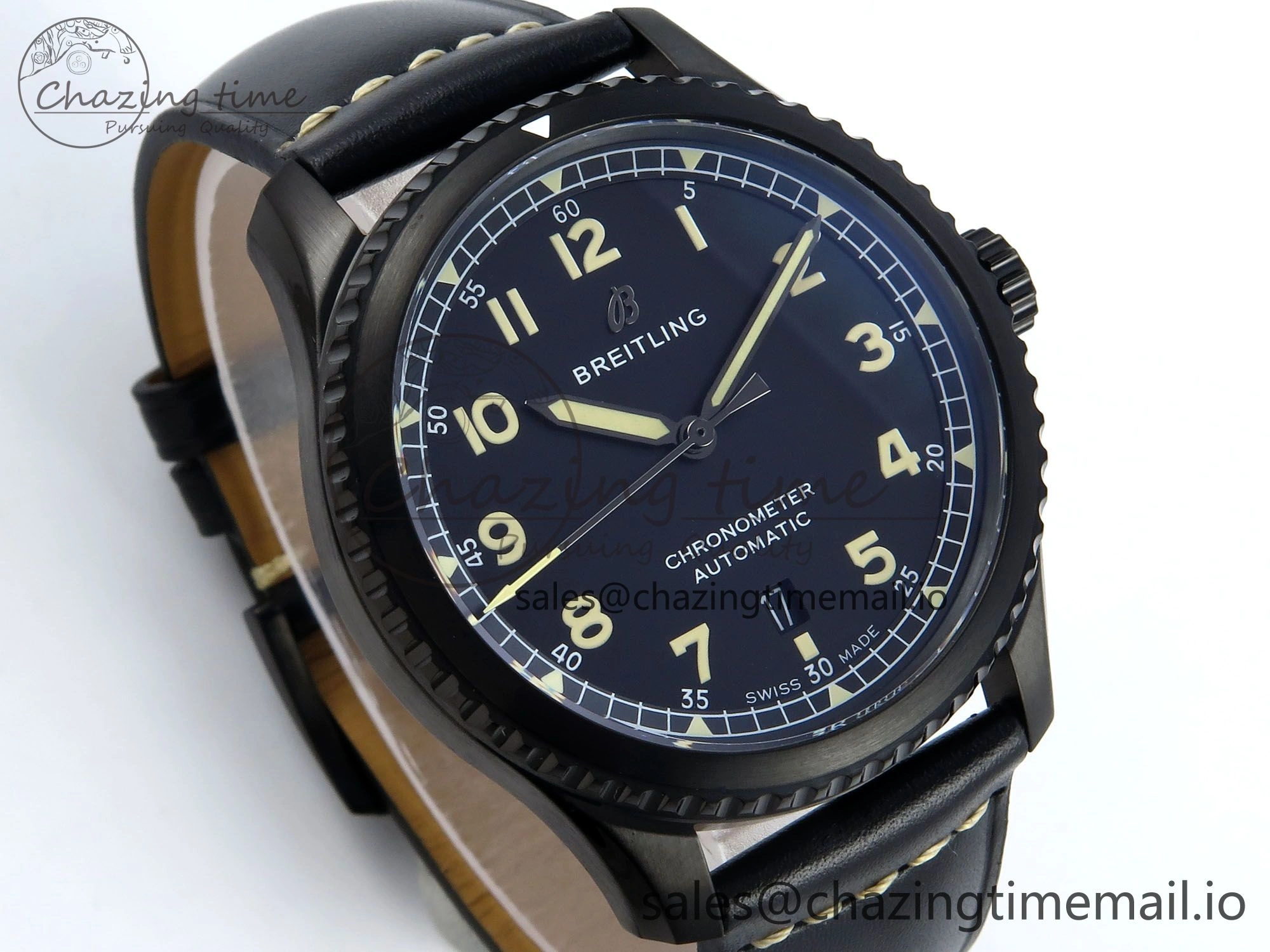 Navitimer 8 Automatic 41mm PVD TF 1:1 Best Edition Black Dial on Black Leather Strap A2824