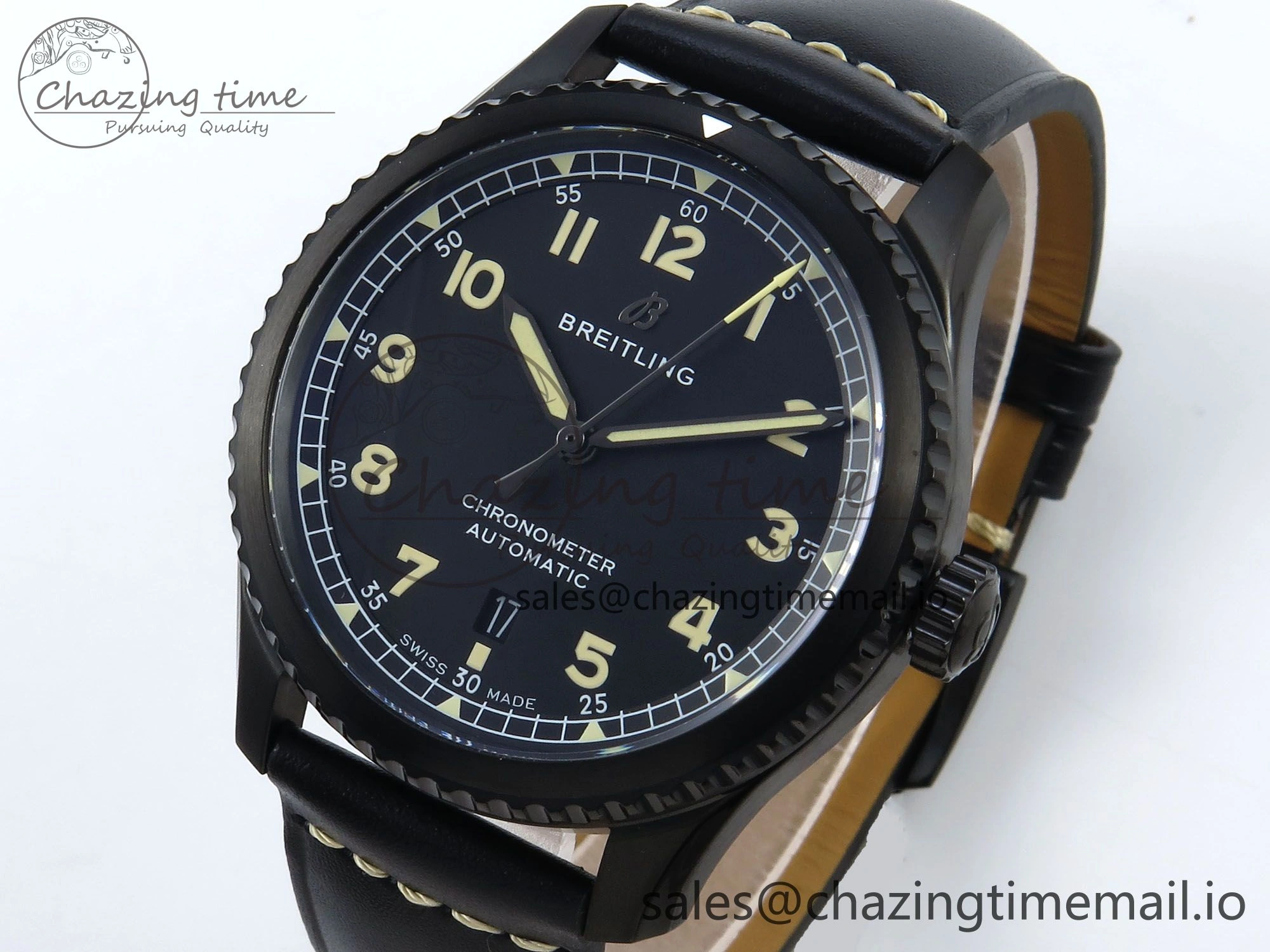 Navitimer 8 Automatic 41mm PVD TF 1:1 Best Edition Black Dial on Black Leather Strap A2824
