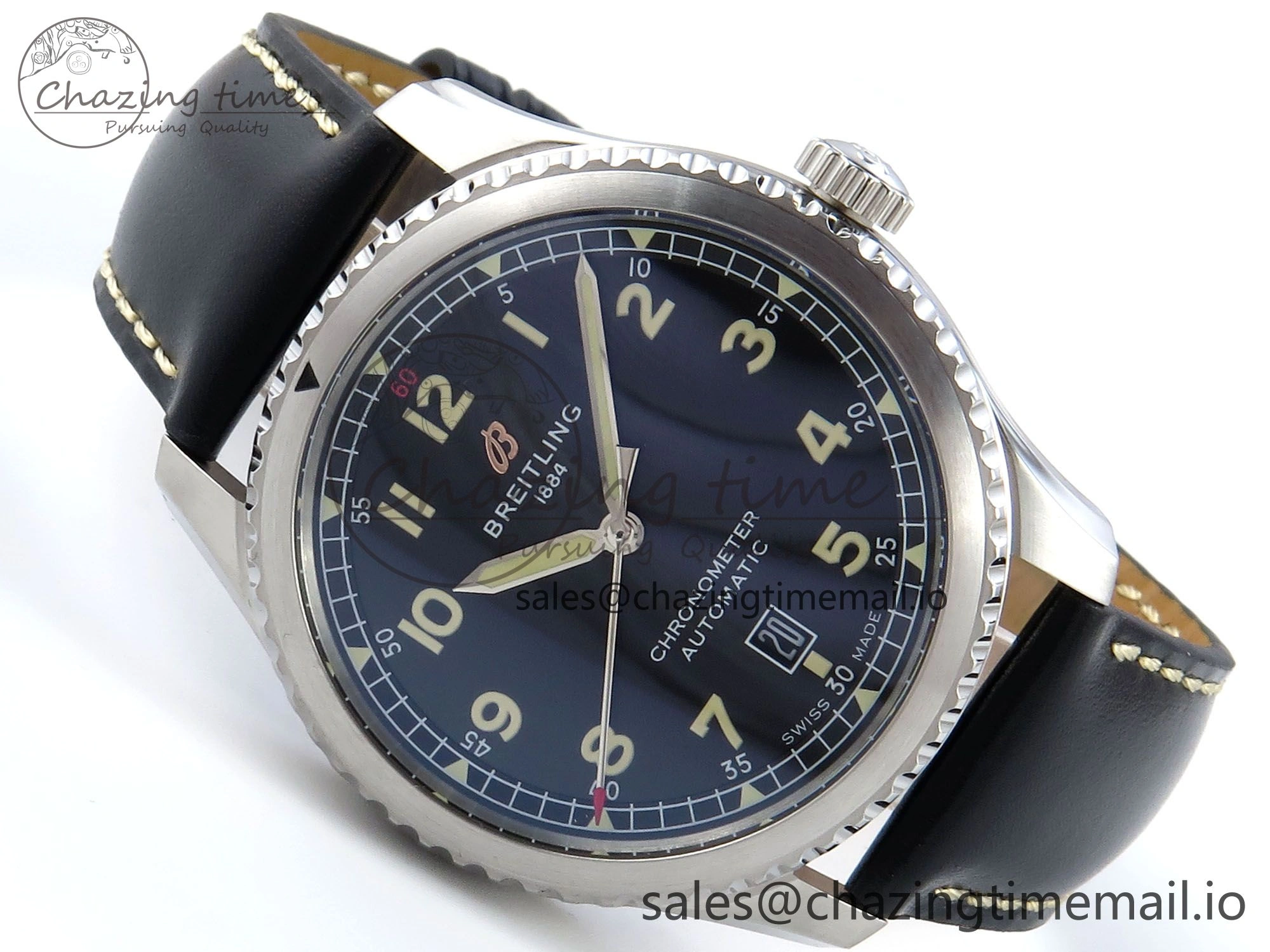 Navitimer 8 Automatic 41mm SS TF 1:1 Best Edition Black Dial on Black Leather Strap A2824