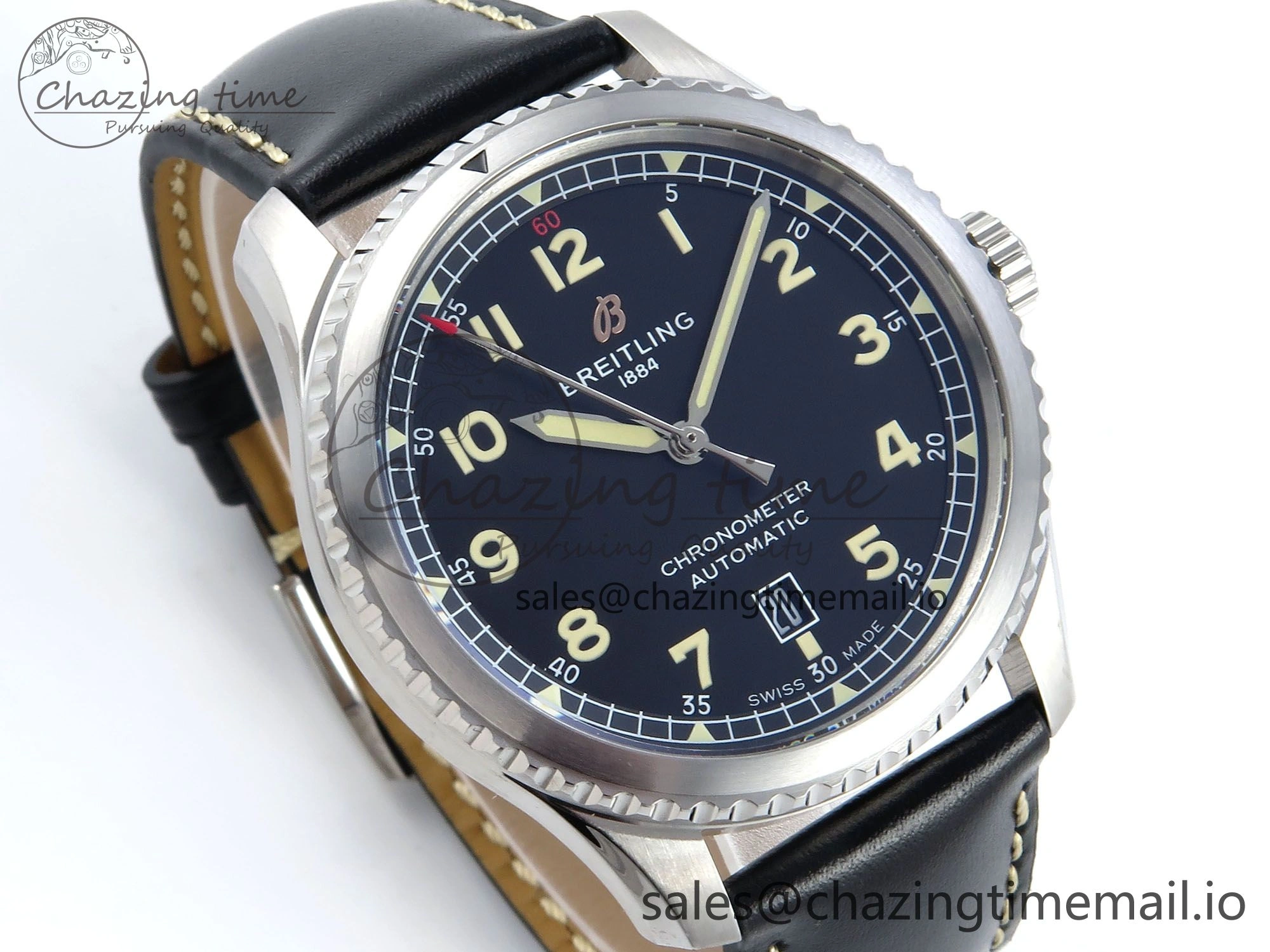 Navitimer 8 Automatic 41mm SS TF 1:1 Best Edition Black Dial on Black Leather Strap A2824