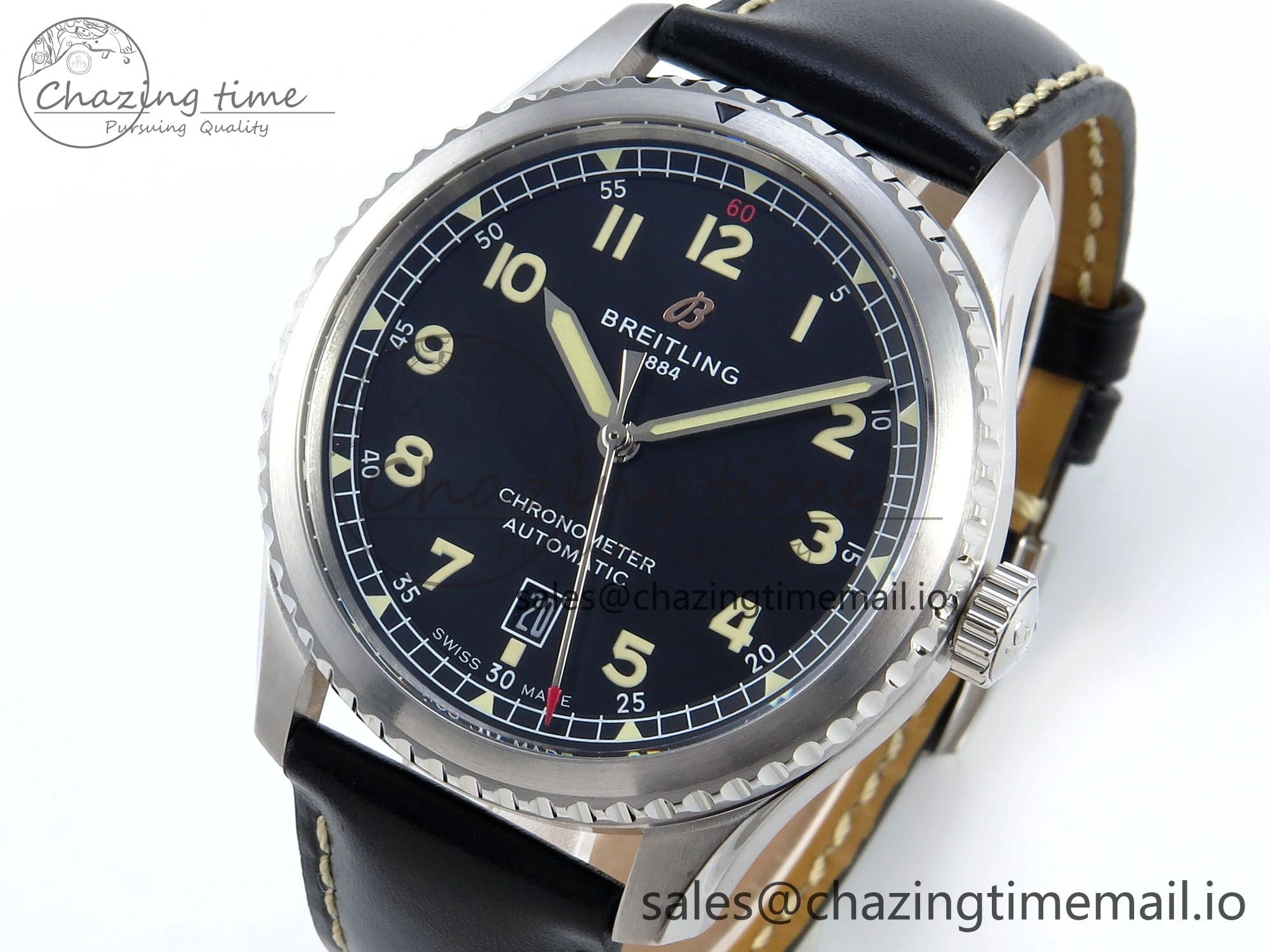 Navitimer 8 Automatic 41mm SS TF 1:1 Best Edition Black Dial on Black Leather Strap A2824