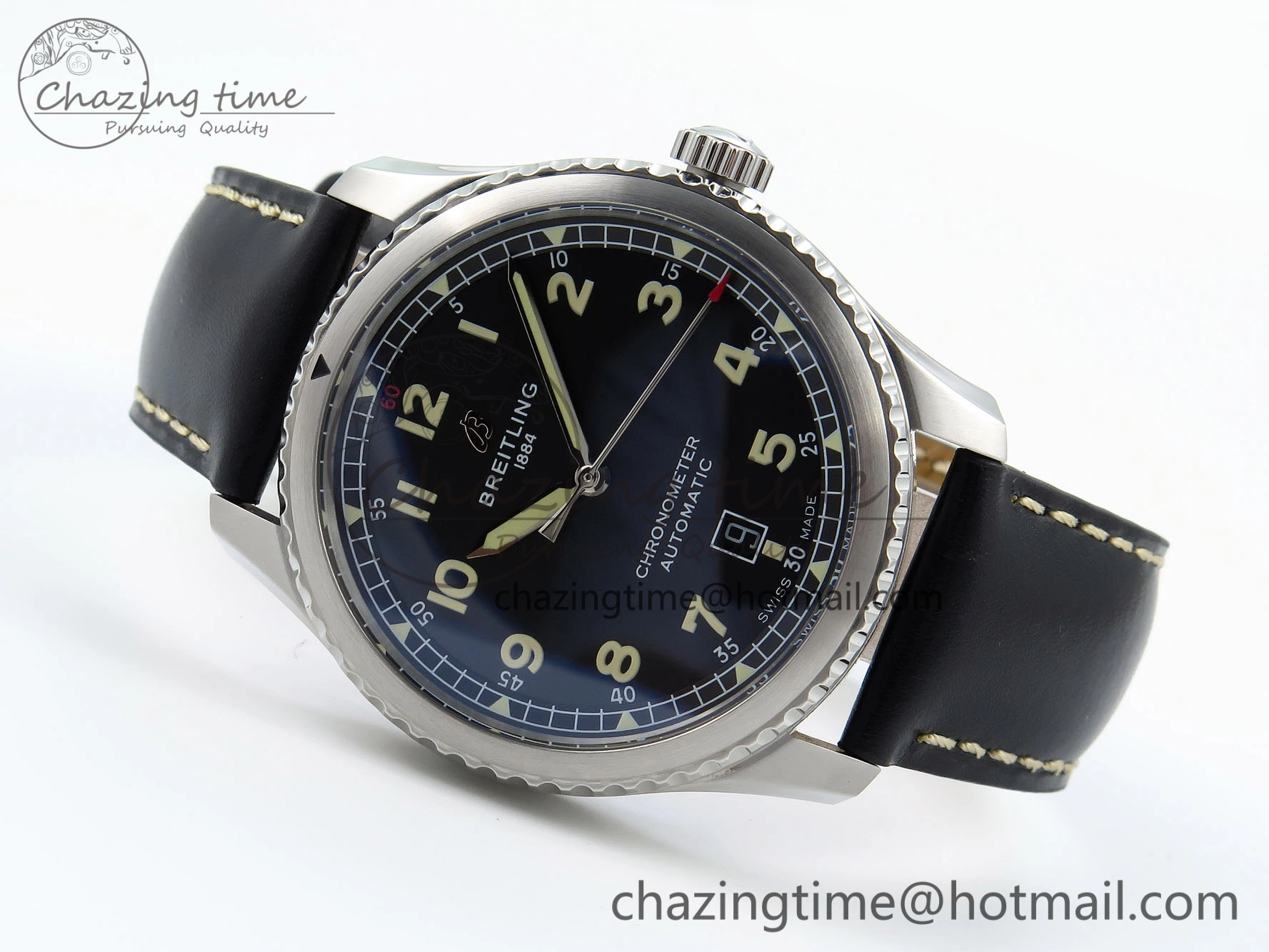 Navitimer 8 Automatic 41mm SS TF 1:1 Best Edition Black Dial on Black Leather Strap A2824