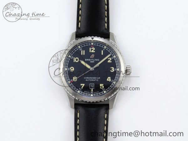 Navitimer 8 Automatic 41mm SS TF 1:1 Best Edition Black Dial on Black Leather Strap A2824