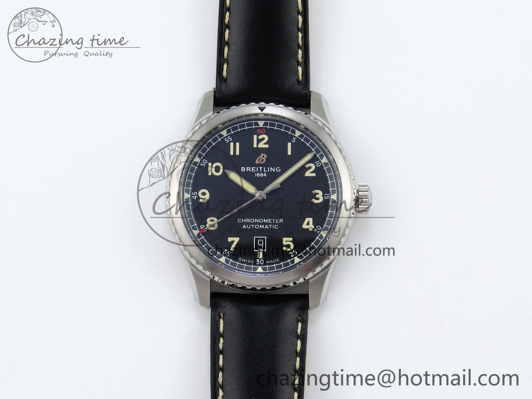 Navitimer 8 Automatic 41mm SS TF 1:1 Best Edition Black Dial on Black Leather Strap A2824