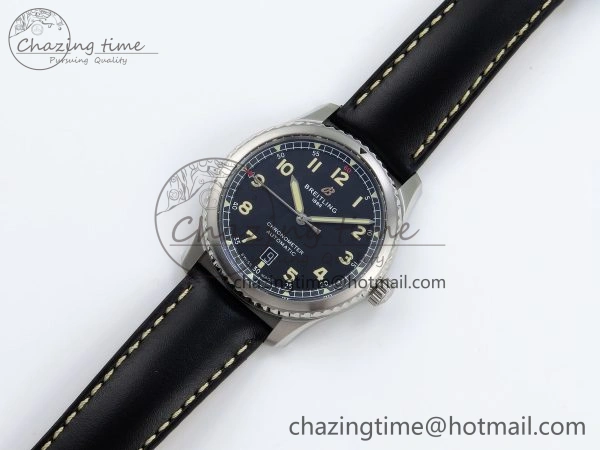 Navitimer 8 Automatic 41mm SS TF 1:1 Best Edition Black Dial on Black Leather Strap A2824
