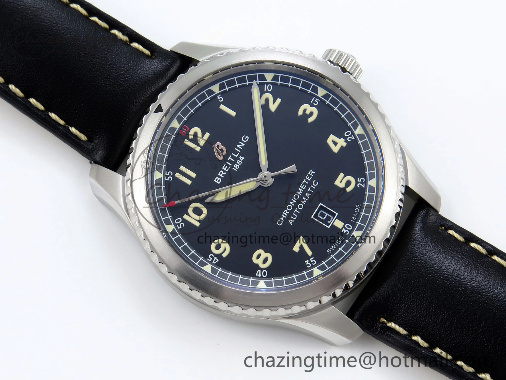 Navitimer 8 Automatic 41mm SS TF 1:1 Best Edition Black Dial on Black Leather Strap A2824