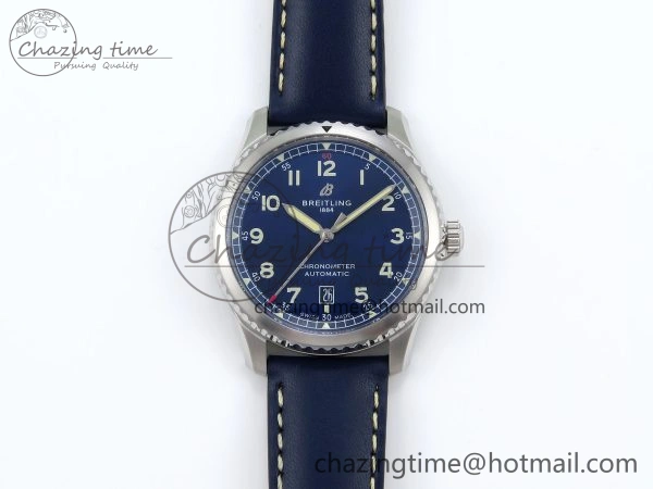 Navitimer 8 Automatic 41mm SS TF 1:1 Best Edition Blue Dial on Blue Leather Strap A2824