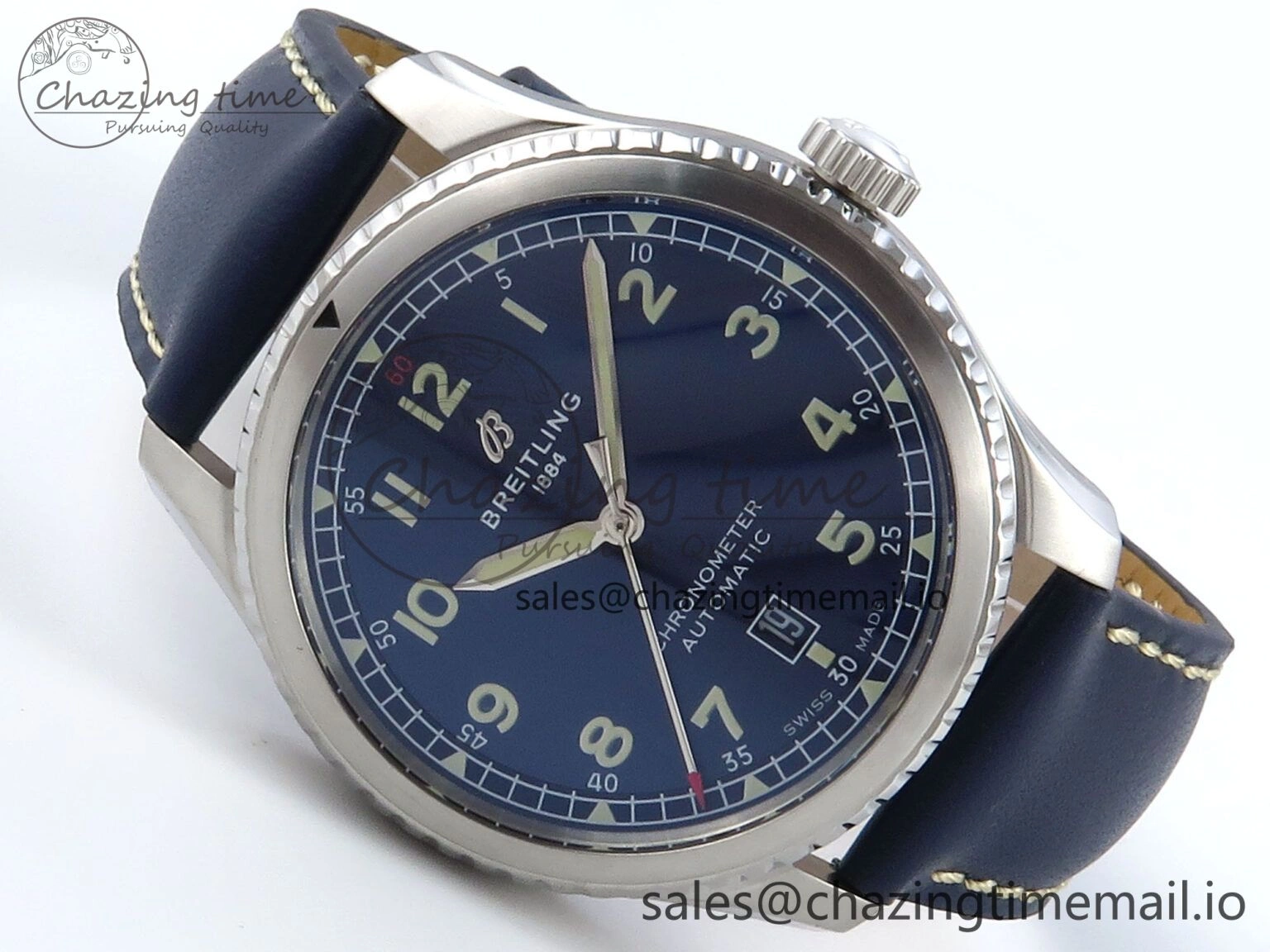 Navitimer 8 Automatic 41mm SS TF 1:1 Best Edition Blue Dial on Blue Leather Strap A2824