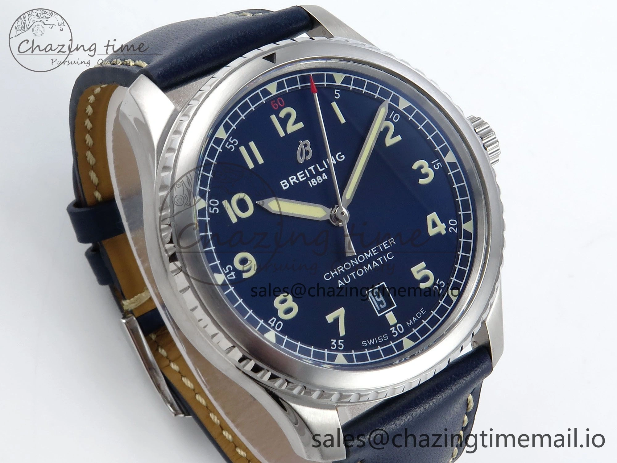 Navitimer 8 Automatic 41mm SS TF 1:1 Best Edition Blue Dial on Blue Leather Strap A2824