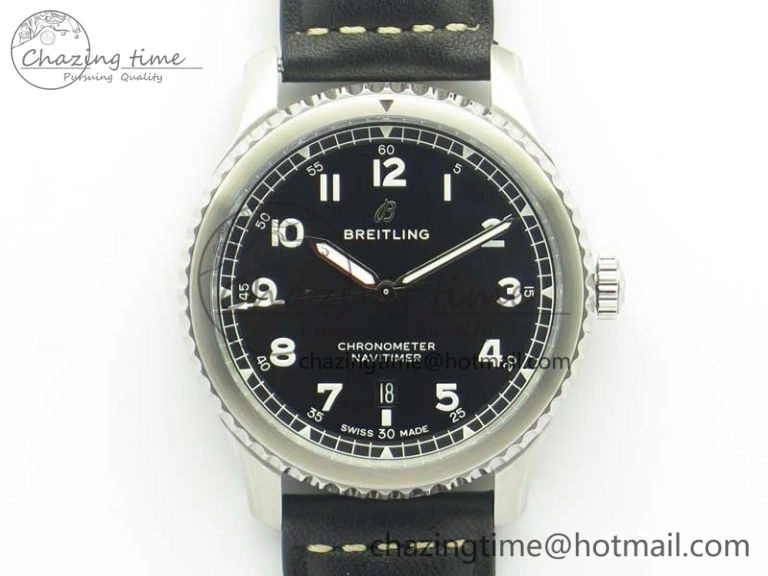 Navitimer 8 Automatic 41mm ZF 1:1 Best Edition Black Dial on Black Leather Strap A2824