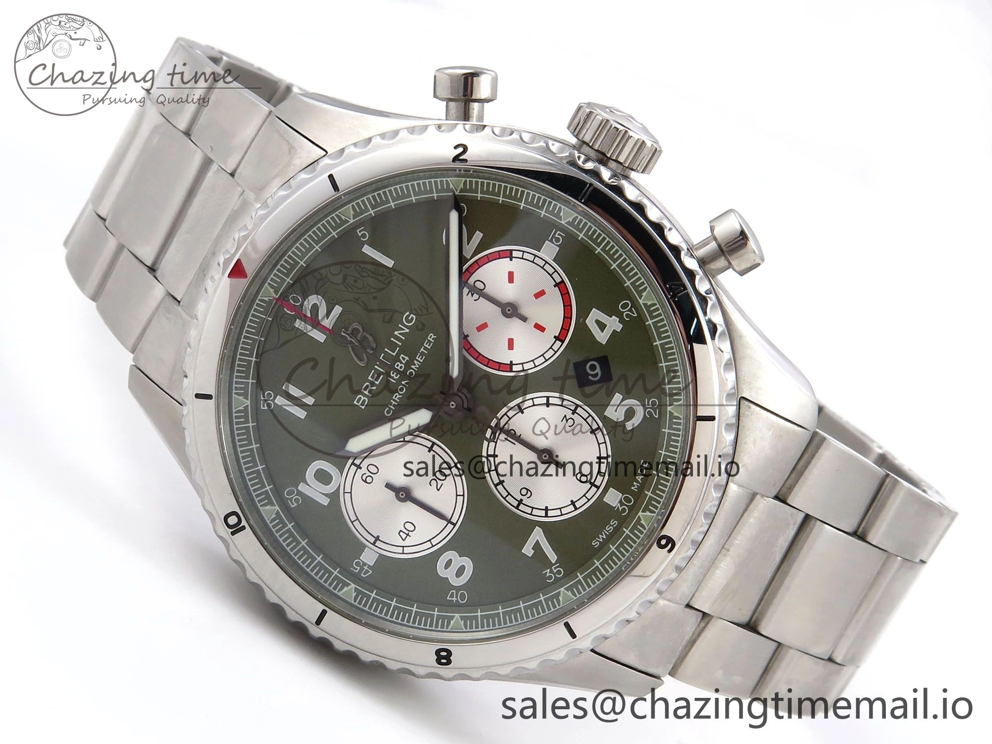 Navitimer 8 B01 Chrono SS EF 1:1 Best Edition Green Dial Arabic Bezel on SS Bracelet A7750