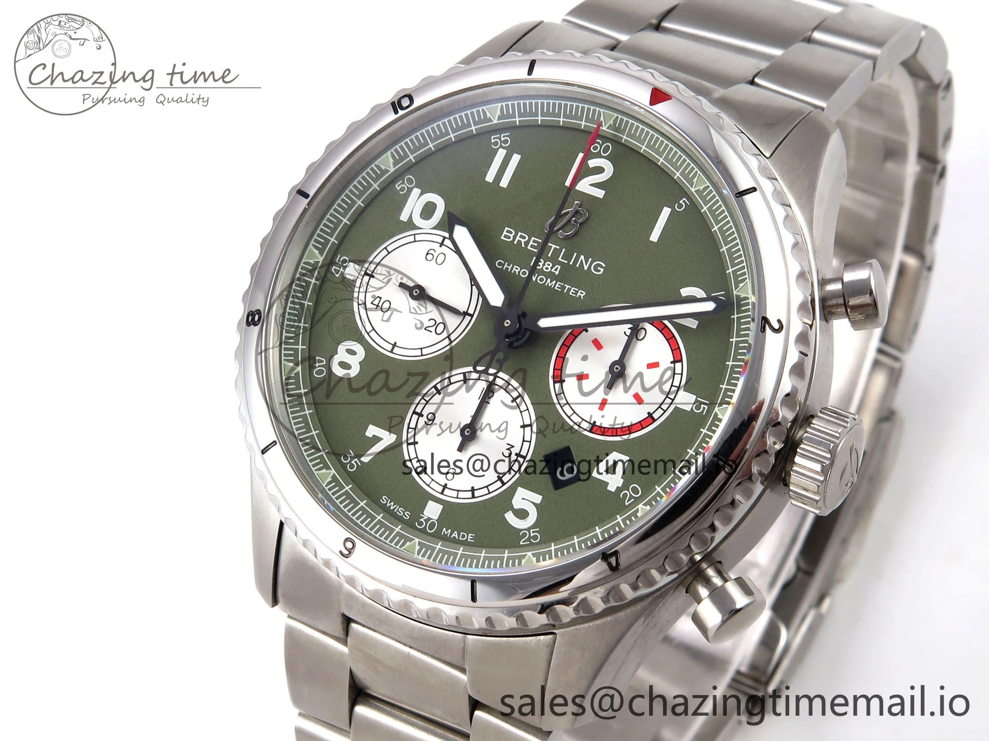 Navitimer 8 B01 Chrono SS EF 1:1 Best Edition Green Dial Arabic Bezel on SS Bracelet A7750